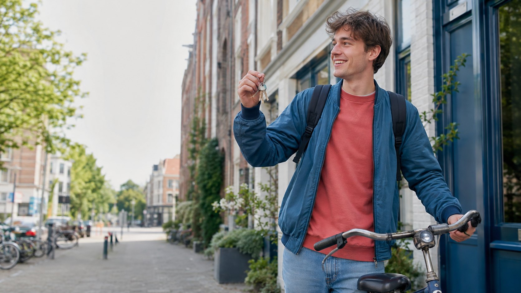 A student with keys and a bicycle outside a Dutch apartment building